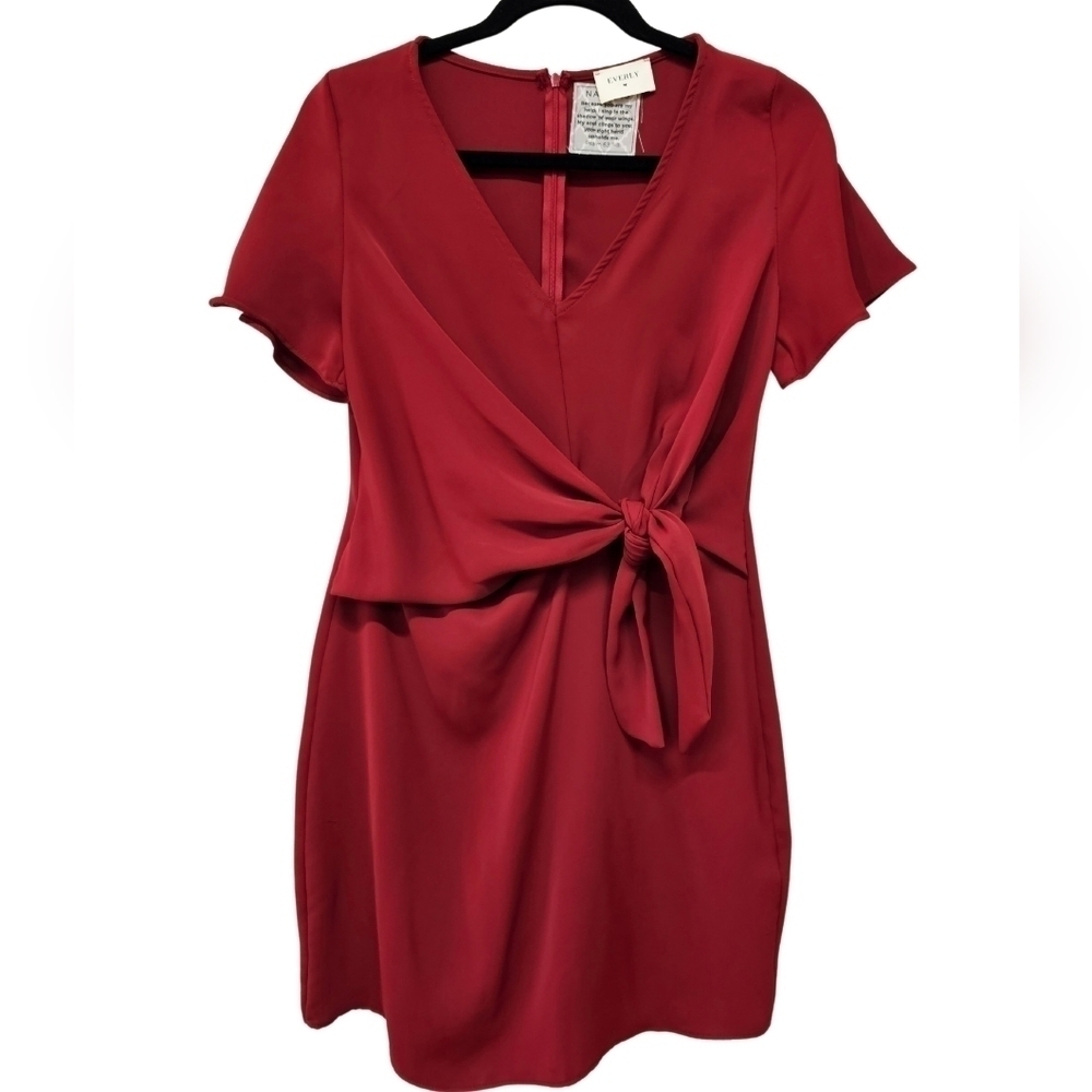 Everly tie front, flutter sleeve, mini shift dress in red, Size Medium